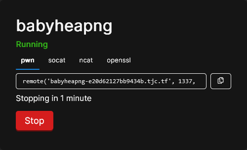 Screenshot showing the babyheapng challenge in a Running state