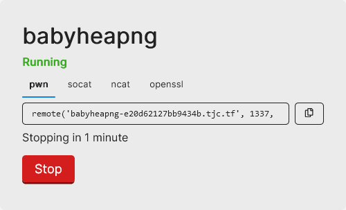 Screenshot showing the babyheapng challenge in a Running state