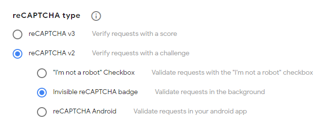 Screenshot showing reCAPTCHA v2 and Invisible reCAPTCHA badge selected